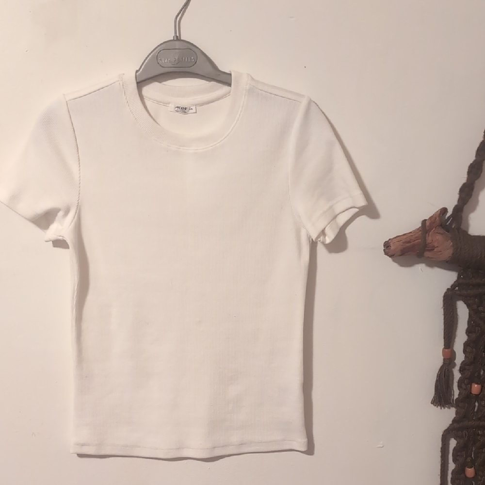 White Short Sleeve Ribbed Crewneck T-shirt